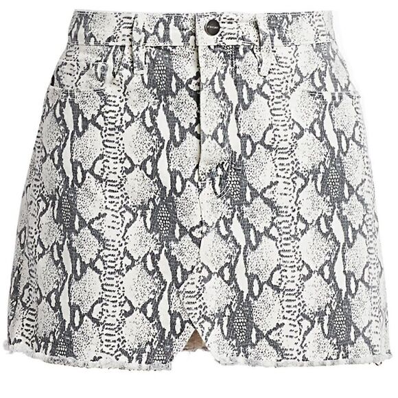 FRAME LE MINI SPLIT FRONT TONAL DENIM MINI SKIRT IN GREY PYTHON PRINT NWT - Picture 1 of 11